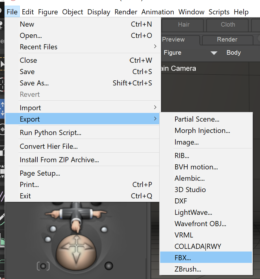 Where to find the FBX export option in Poser