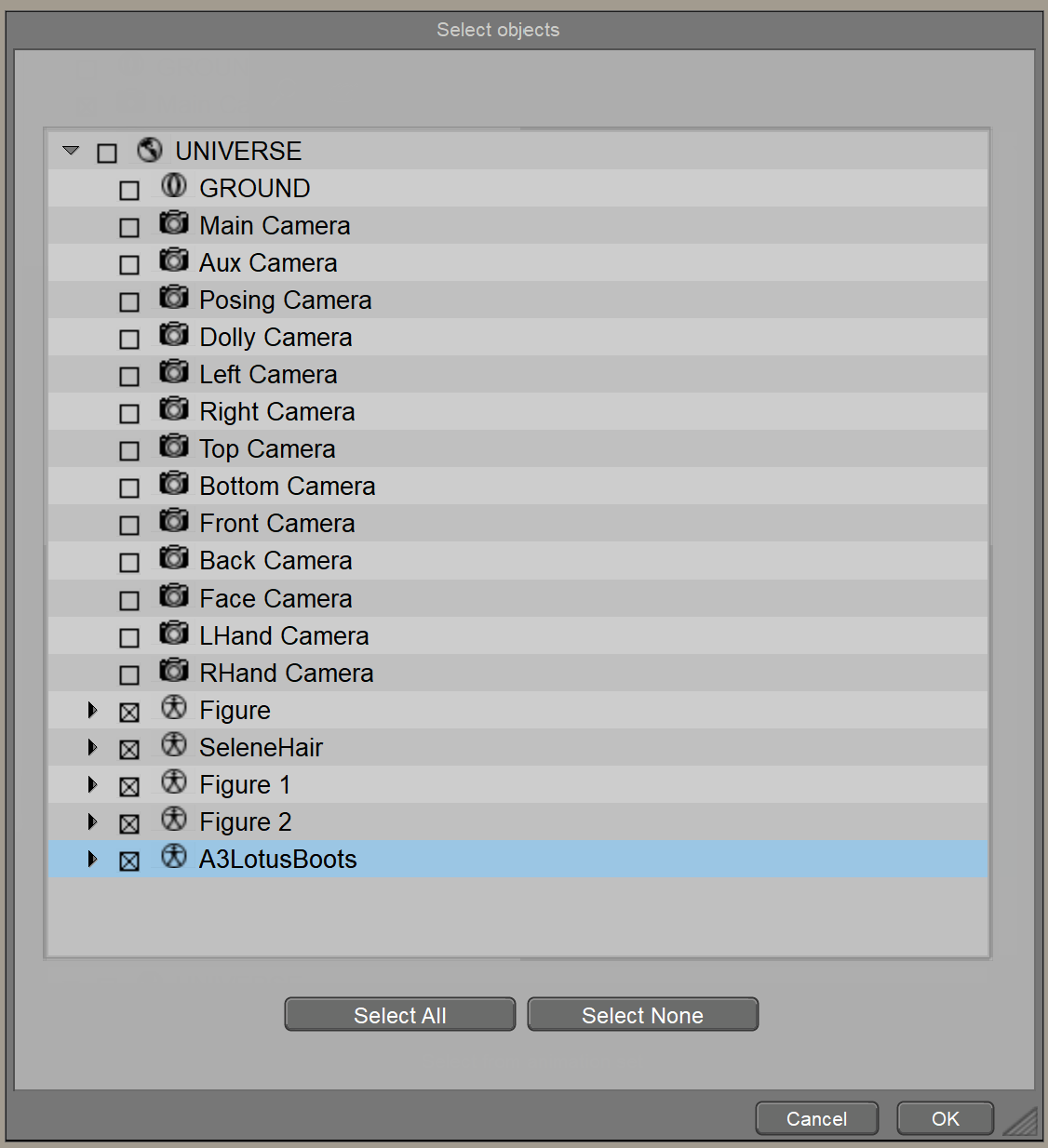 Example of figure selection dialog in Poser's FBX export option.