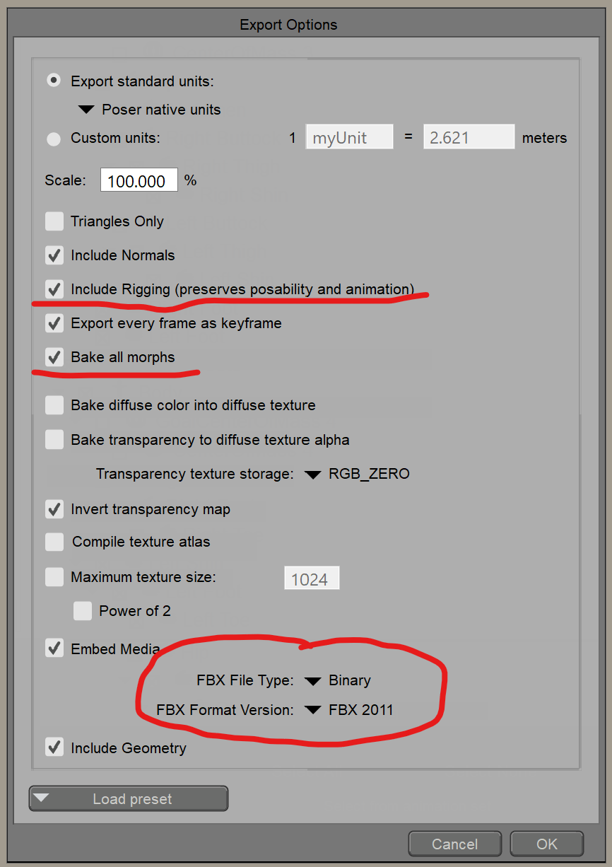 Example of settings to use in Poser FBX Export options.