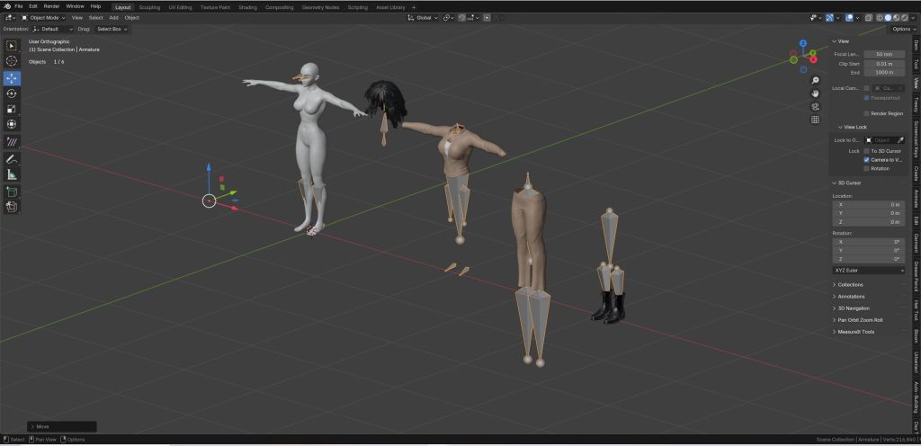 Poser's export creates separate sets of bones for each figure.