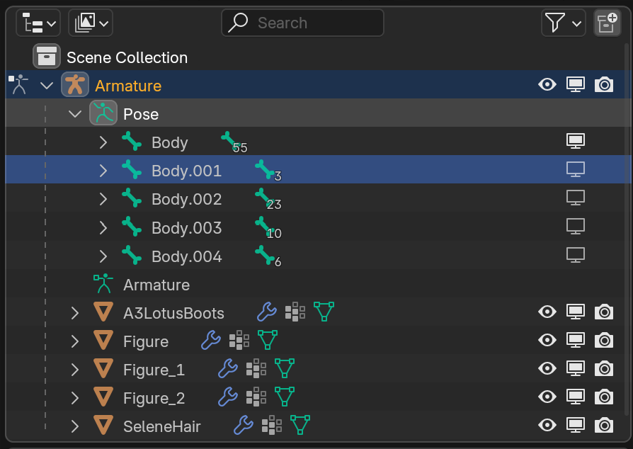 Example of how the armature is structured for the imported character in Blender's Outliner.