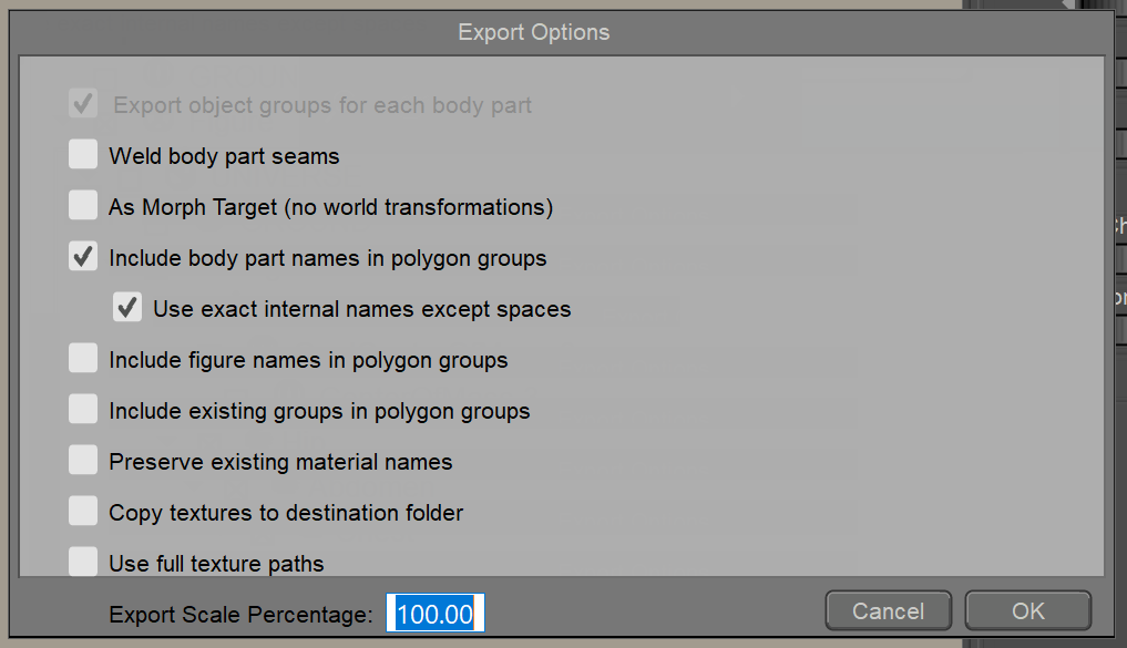 Wavefront OBJ file Export Options window in Poser