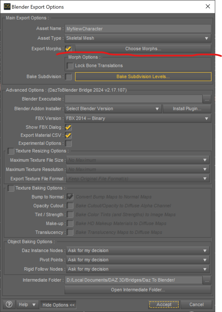 Blender Export Options window highlighting the select morphs button