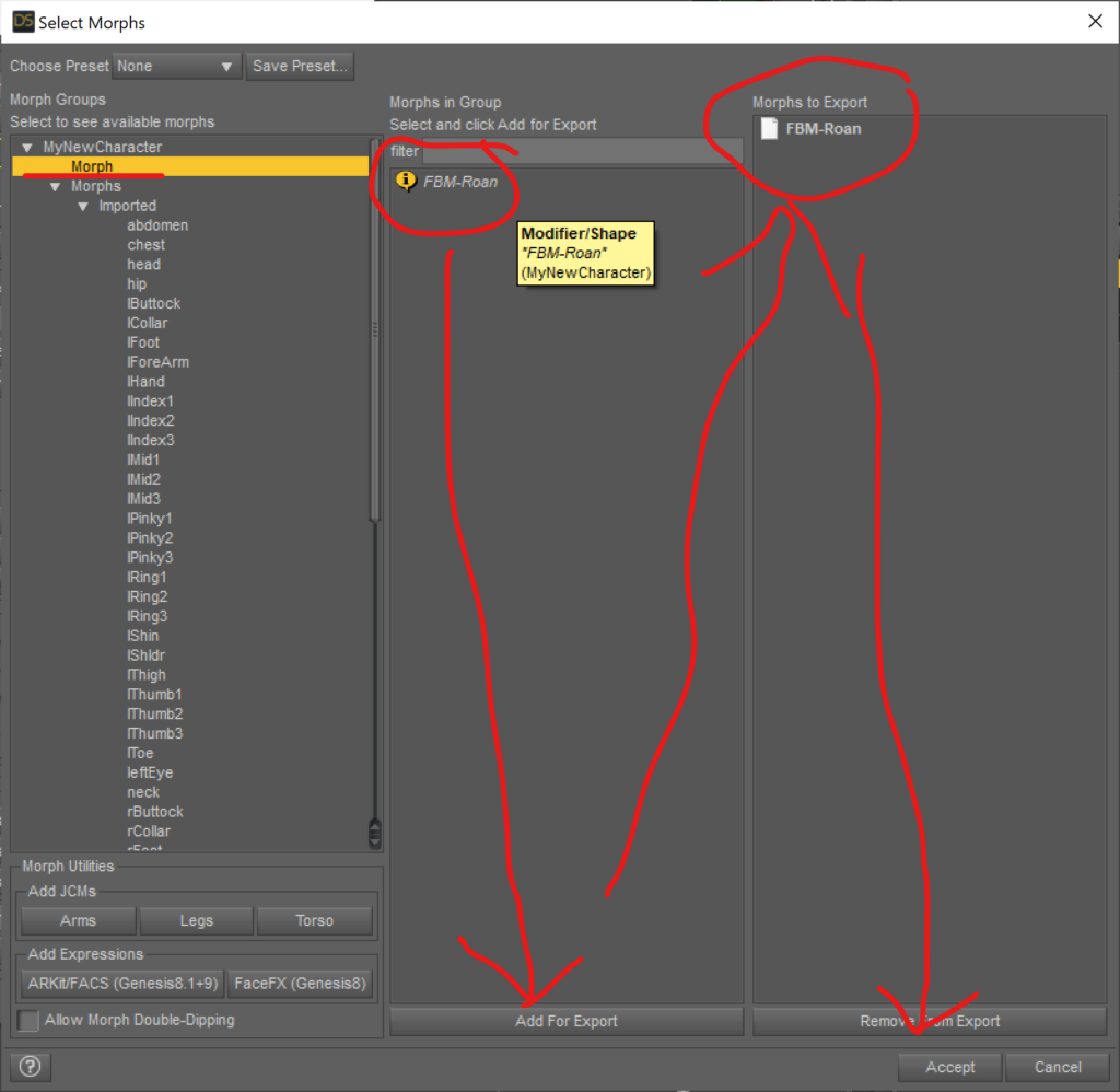 Select Morphs Window highlighting which areas to pay attention to when selecting morphs for export.