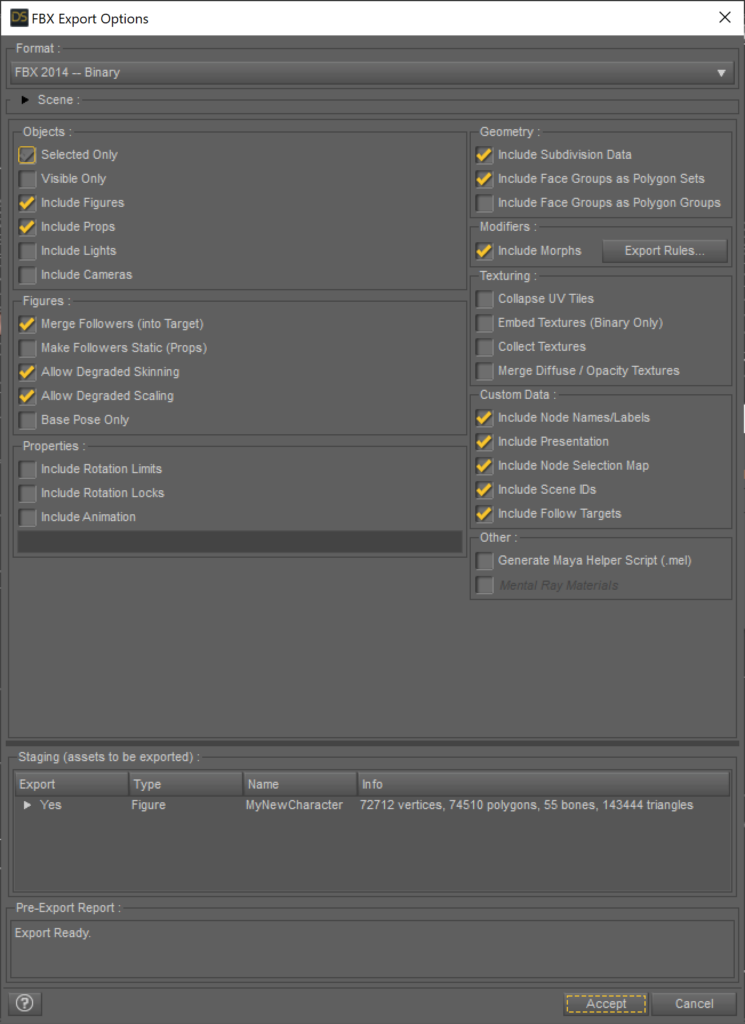 An example of the FBX Export Options Window. Nothing needs to be done here other than confirming everything looks good.