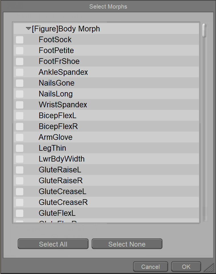 Select Morphs dialog that appears when exporting FBX with morph data in Poser